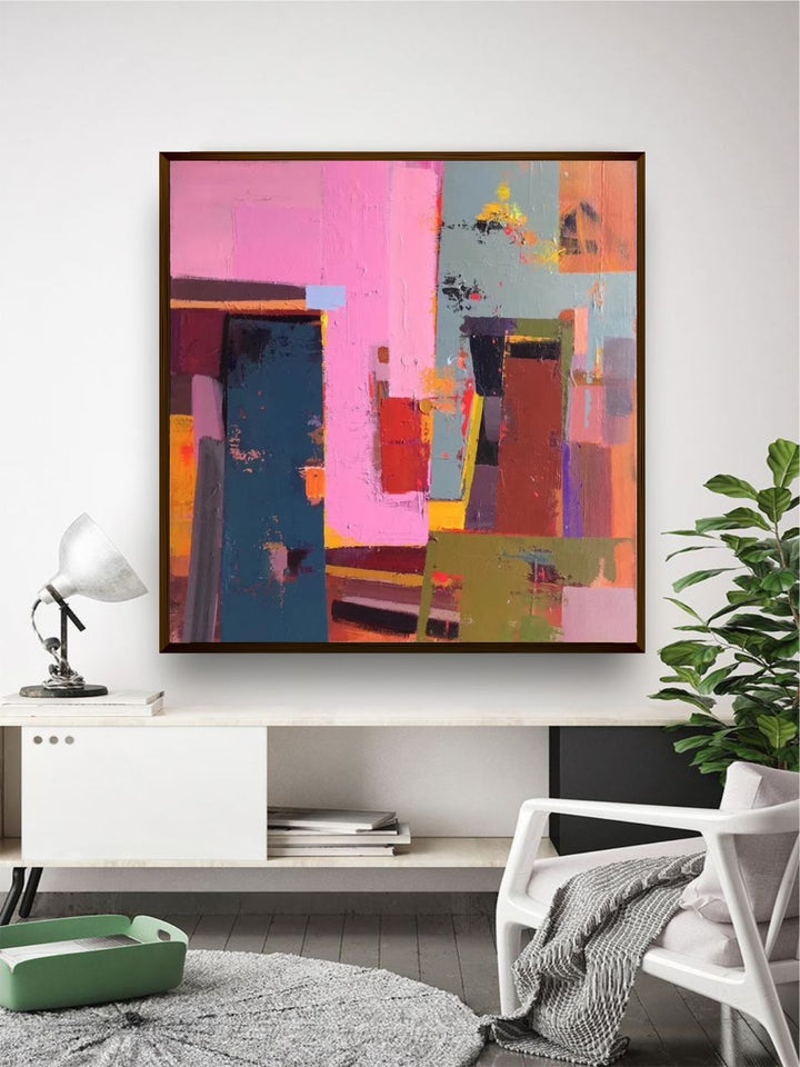 "  Pink & Blue Abstract Framed Wall Painting''