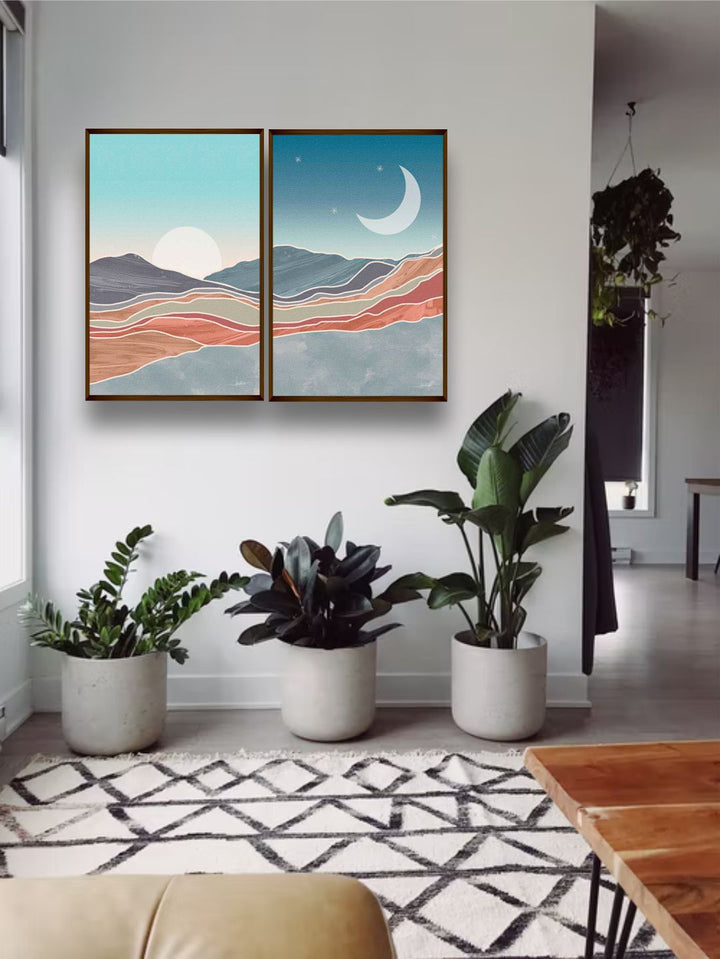 " Set Of 2 Blue & Brown Abstract Framed Wall Painting''