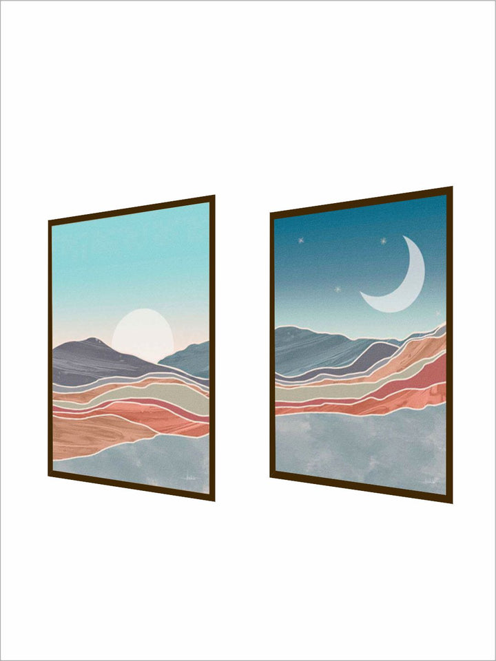 " Set Of 2 Blue & Brown Abstract Framed Wall Painting''
