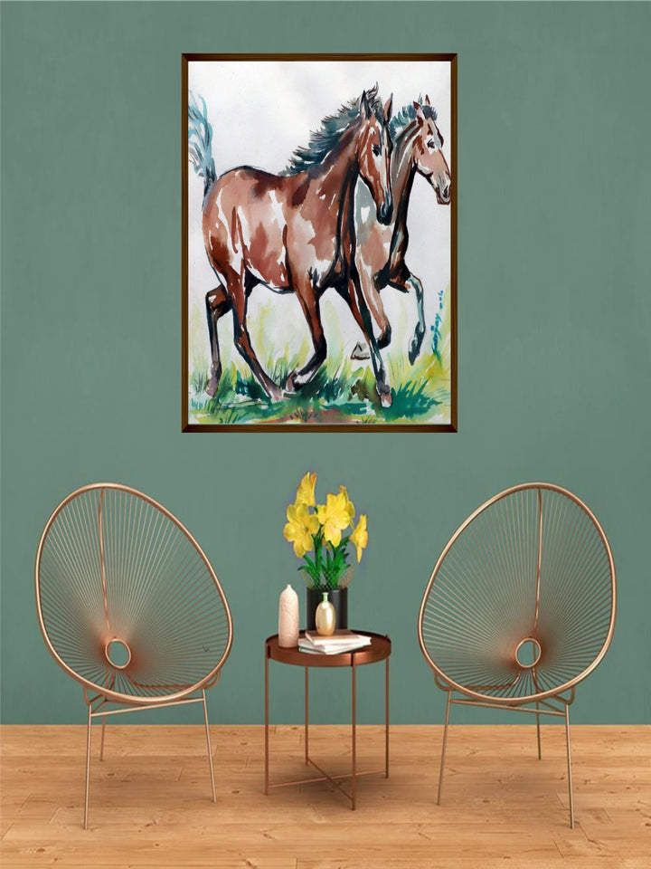"Brown & Green Two Horses Painting Wall Art''