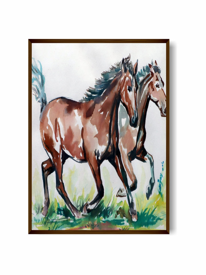 "Brown & Green Two Horses Painting Wall Art''