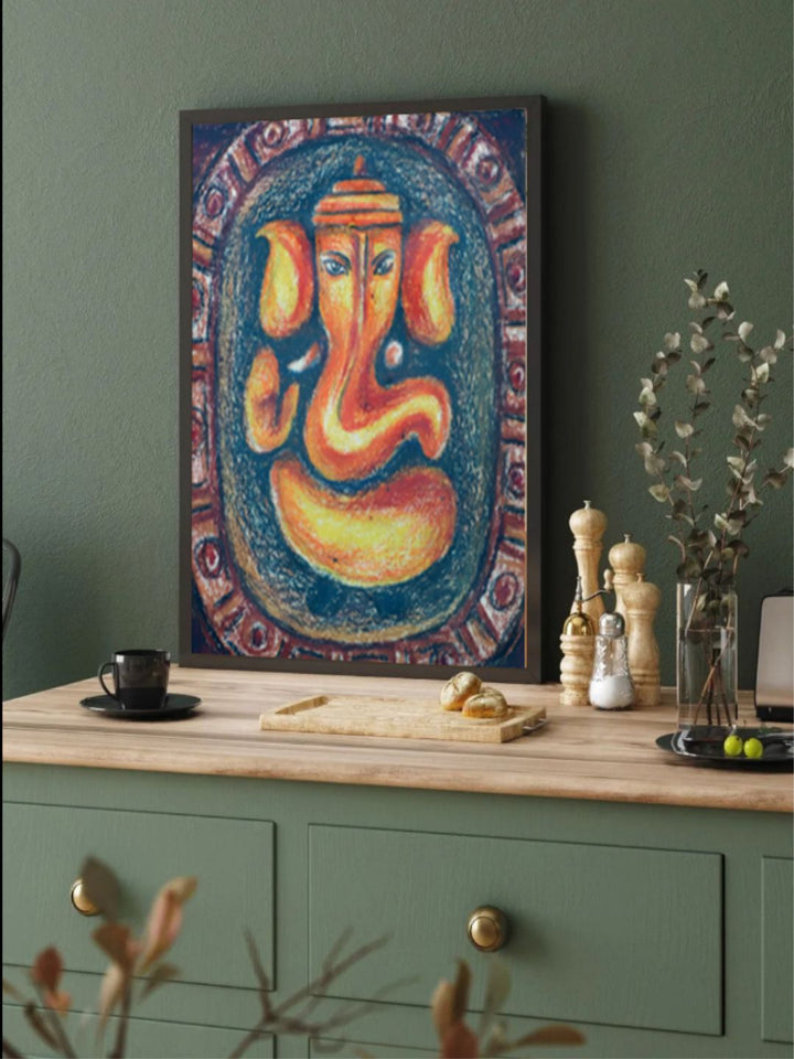 "Blue  Orange Ganesh Printed Canvas Wall Painting''
