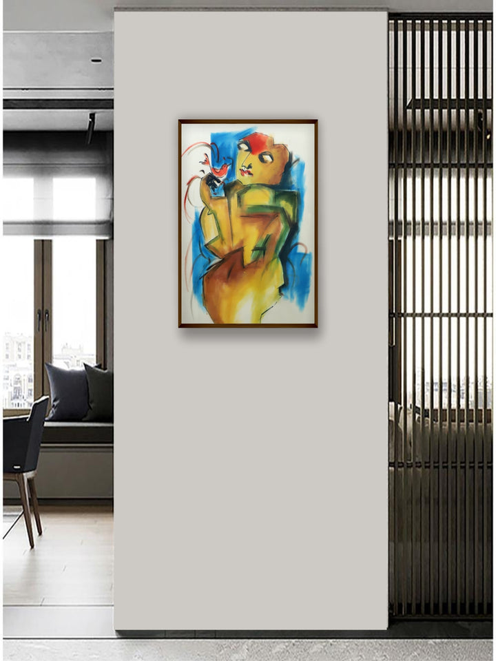 "Yellow & Blue Abstract Painted Wall Art''