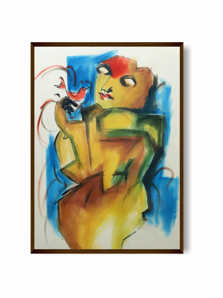 "Yellow & Blue Abstract Painted Wall Art''