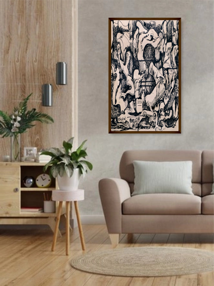 "Off-White & Black Abstract Painting Framed Wall Art''
