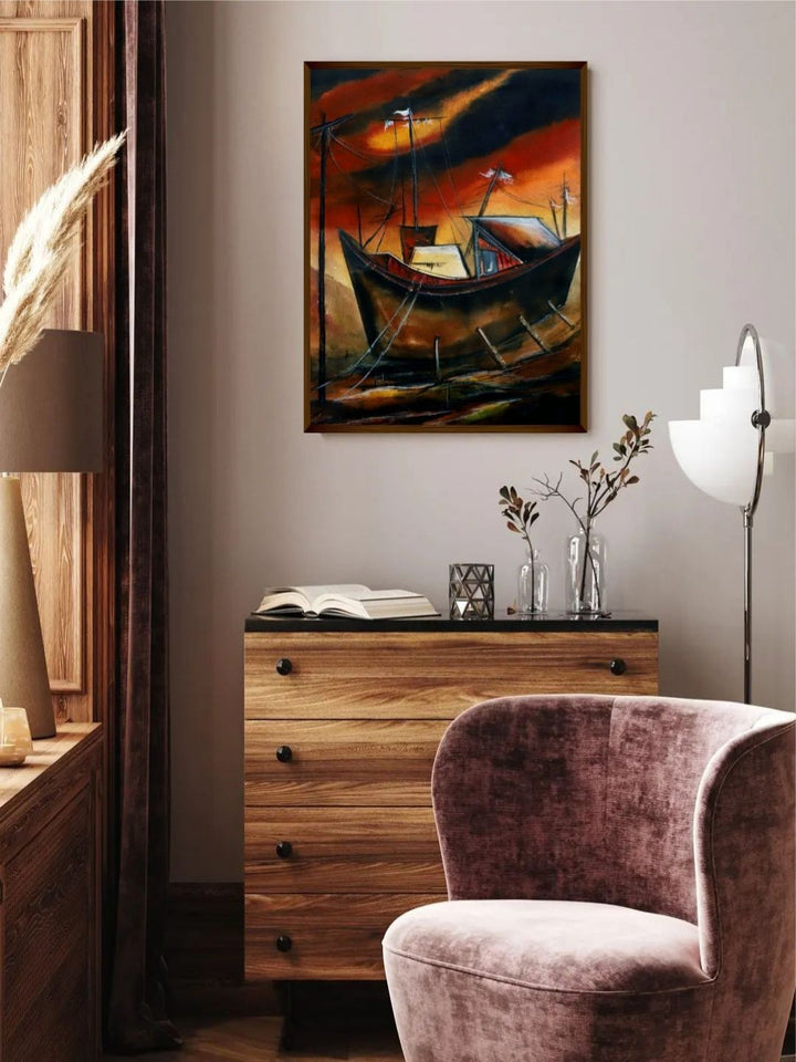 Moored Amidst the Fiery Skies - Abstract Canvas Prints
