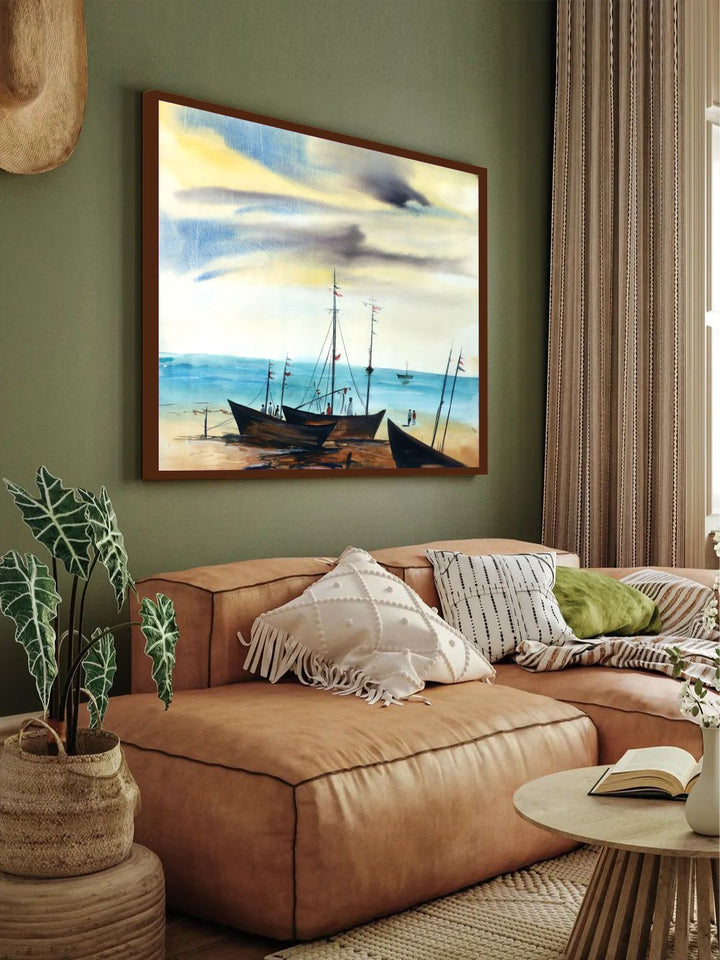 "White & Blue Abstract Printed Framed Wall Art''
