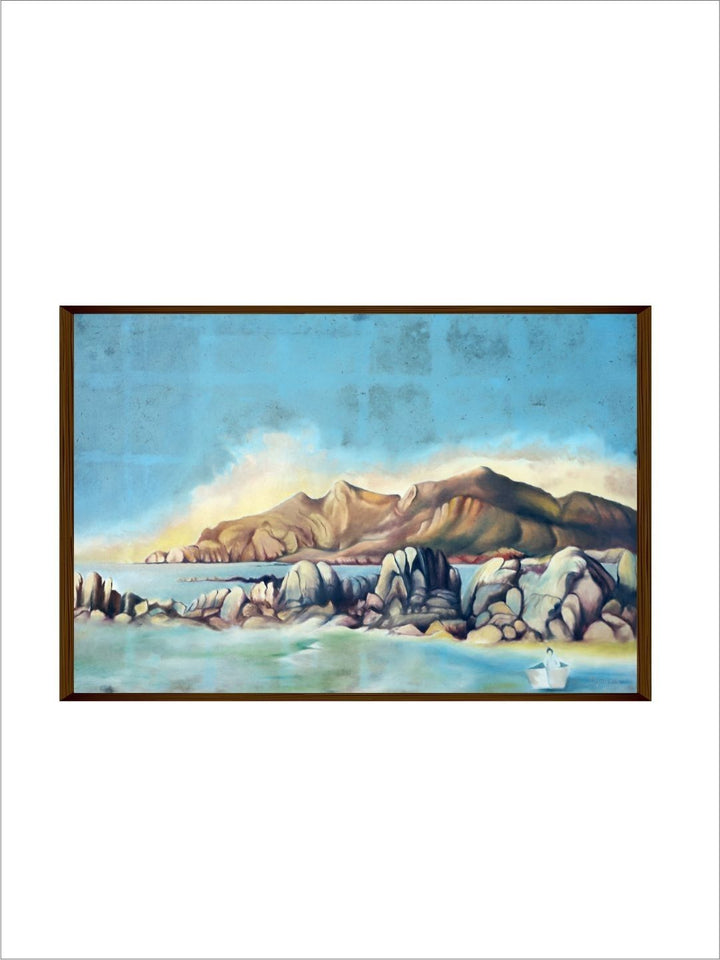 Rocky Haven Amidst Blues - Abstract Canvas Painting