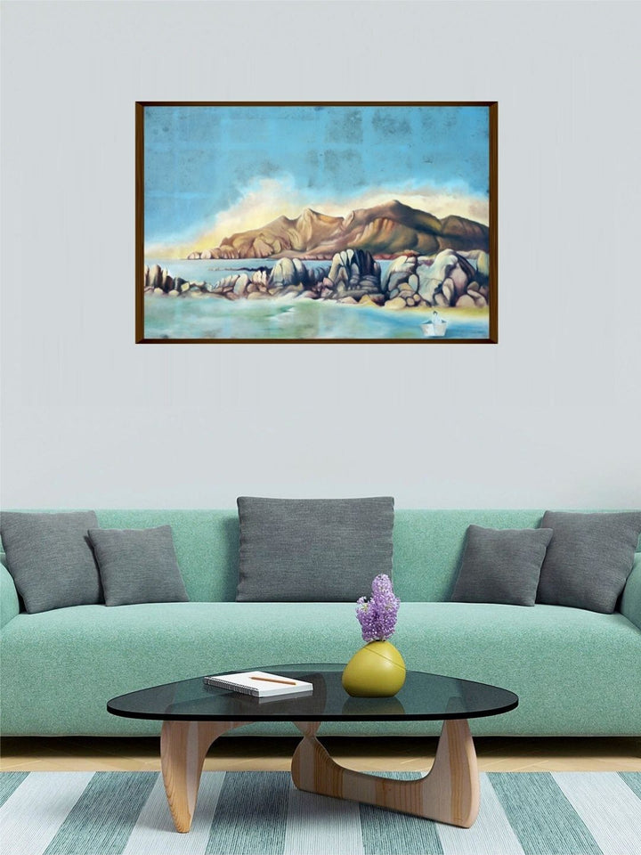 Rocky Haven Amidst Blues - Abstract Canvas Painting
