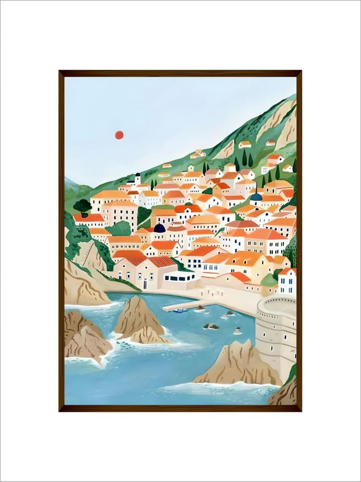 "Sunrise Over Coastal Village - Framed Croatia painting "