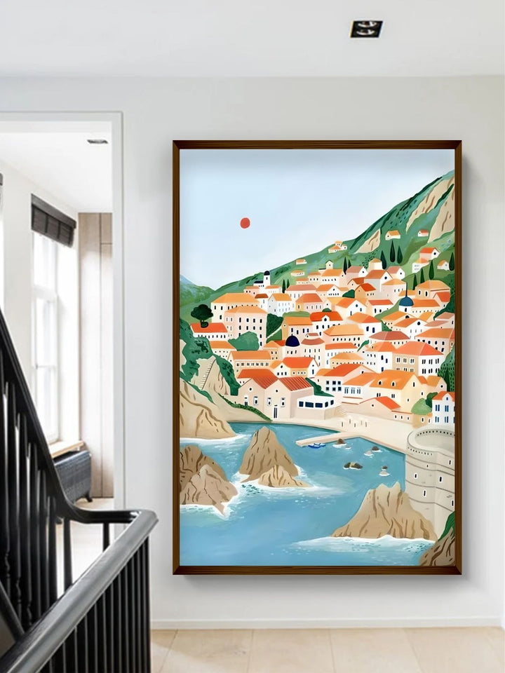 "Sunrise Over Coastal Village - Framed Croatia painting "