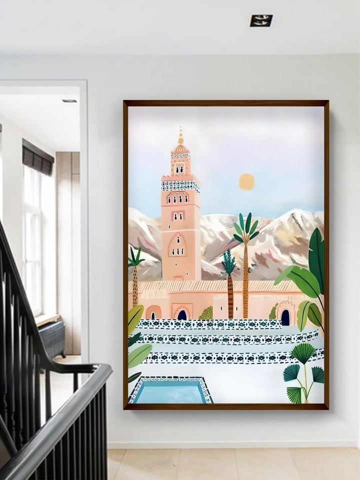 Mountains? Watchful Ancient Tower - Street market painting