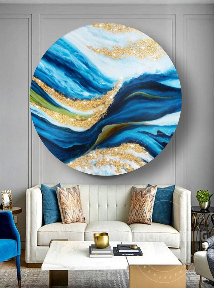 Rippling Waves of Liquid Gold - Navy blue gold art