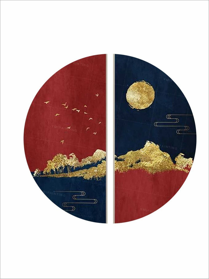 Lunar Glow and Crimson Dusk - Gold leaf abstract painting