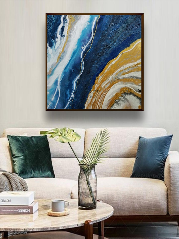Liquid Gold on Blue Canvas - Blue abstract painting