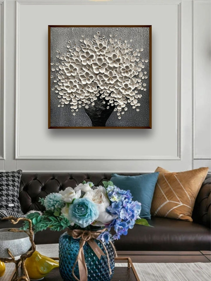 Metallic Flora in Bloom - Black white floral canvas Art