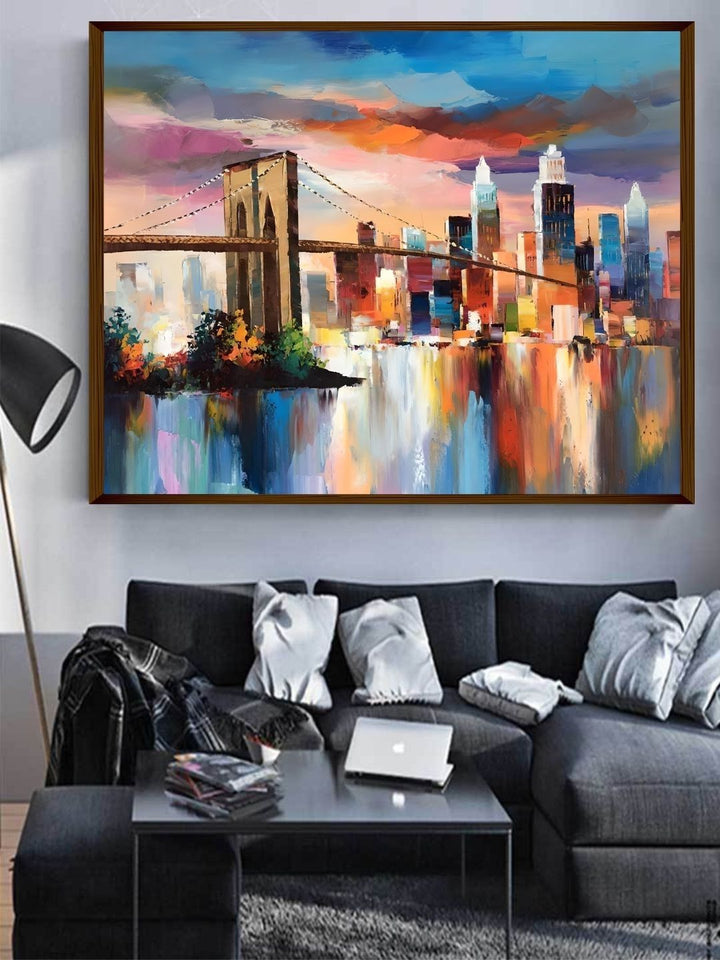 Twilight Symphony in Metropolitan Hues - Expressive cityscape artwork