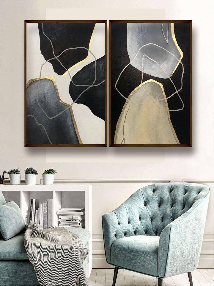 Fragmented Thoughts in Gold - Black and white art