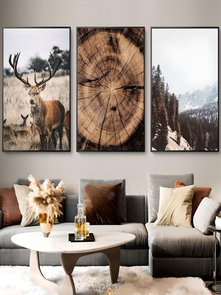 Wilderness Mountain Landscape Nordic Wall Art Wild Animals Forest Deer Rustic Wood Tree Rings Fine Art Canvas Prints Scandinavian Style Home Interior Decor