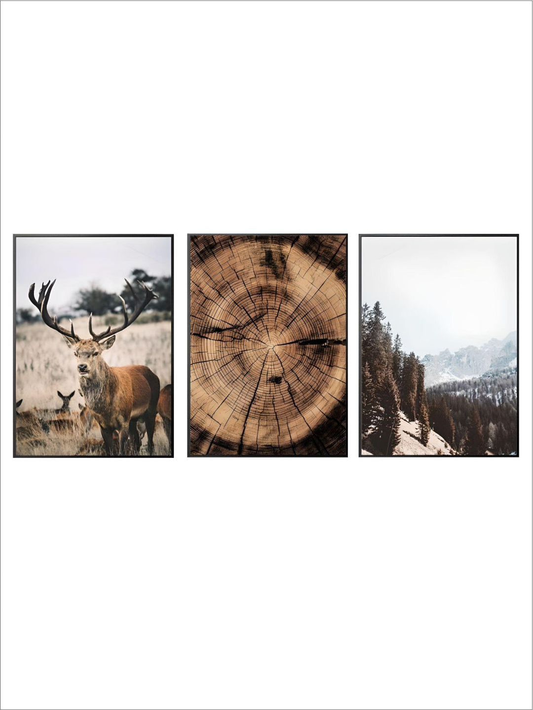Wilderness Mountain Landscape Nordic Wall Art Wild Animals Forest Deer Rustic Wood Tree Rings Fine Art Canvas Prints Scandinavian Style Home Interior Decor