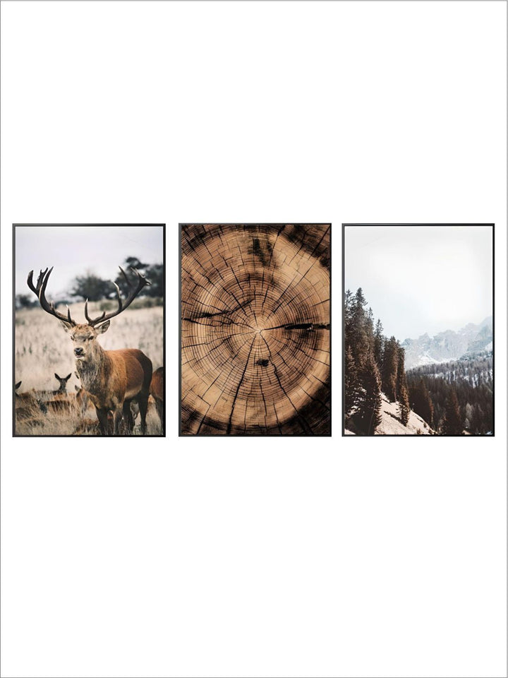 Wilderness Mountain Landscape Nordic Wall Art Wild Animals Forest Deer Rustic Wood Tree Rings Fine Art Canvas Prints Scandinavian Style Home Interior Decor