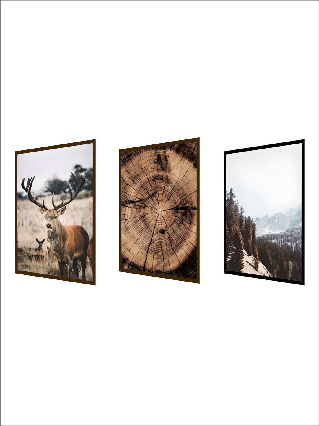 Wilderness Mountain Landscape Nordic Wall Art Wild Animals Forest Deer Rustic Wood Tree Rings Fine Art Canvas Prints Scandinavian Style Home Interior Decor