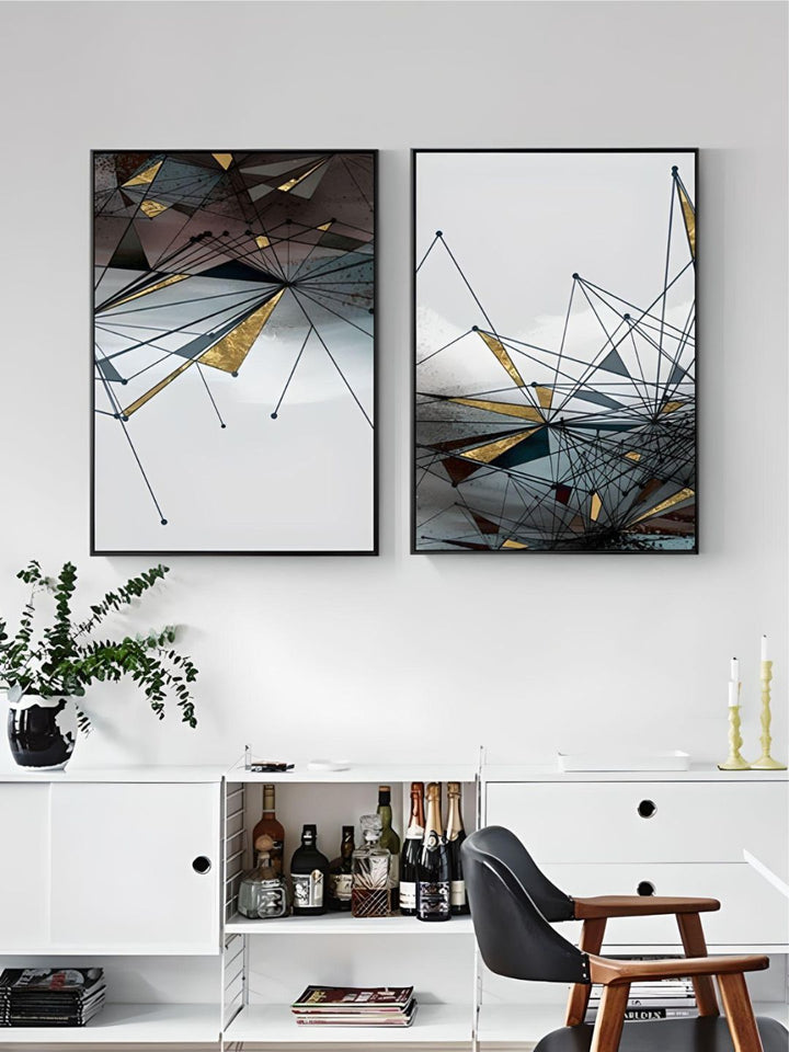 Abstract Geometrical Landscape Contemporary Wall Art Blue Gray Jade Textured Gold Effect Nordic Fine Art Canvas Prints For Modern Interiors
