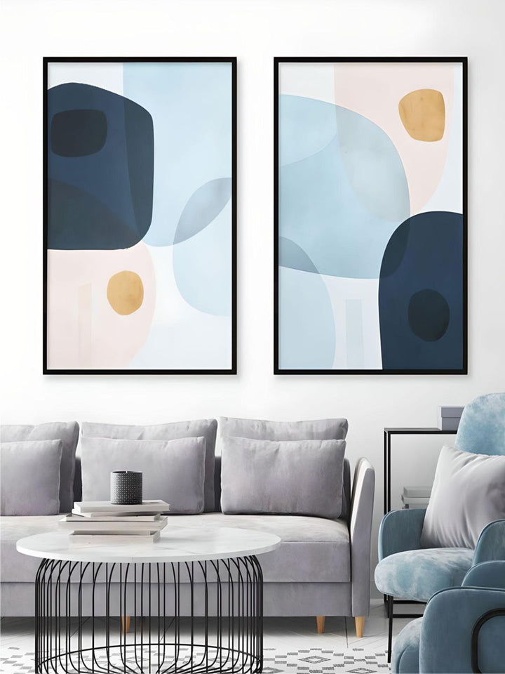 Abstract Layered Curved Shapes Wall Art Fine Art Canvas Prints Blue Golden Pastel Pink Pictures For Living Room Bedroom Nordic Home Interior Decoration