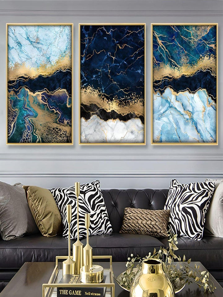Abstract Deep Sea Blue Marble Print Golden Seam Agate Wall Art Fine Art Canvas Pictures For Luxury Living Room Dining Nordic Home Interior Decor