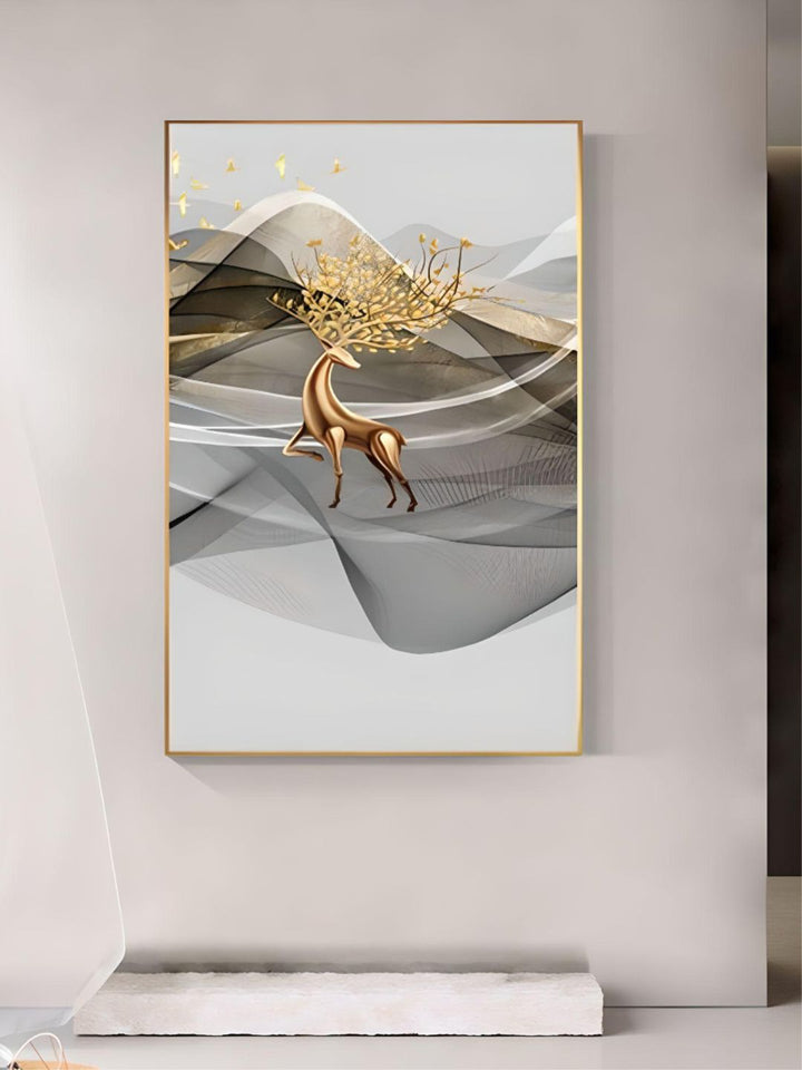 Abstract Flowing Golden Deer Mountain Landscape Wall Art Fine Art Canvas Prints Modern Pictures For Minimalist Living Room Home Office