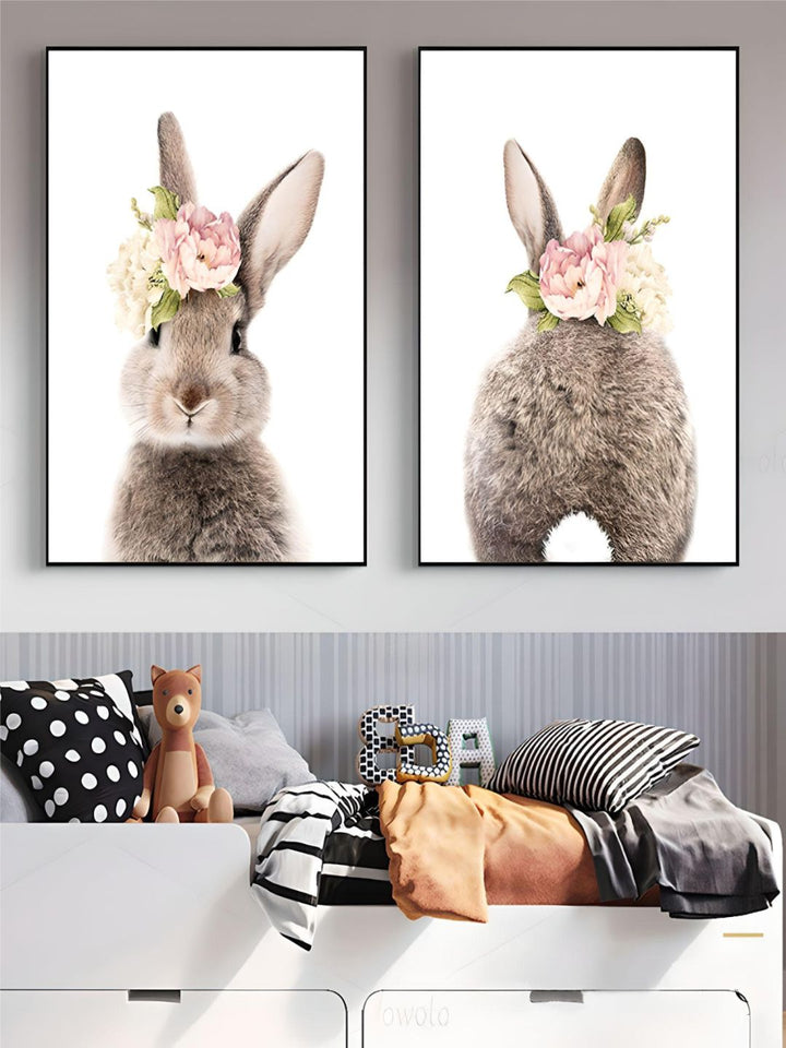 Pink Floral Rabbit Bunny Tail Wall Art Fine Art Canvas Prints Baby Animal Poster For Kid's Room Baby's Room Nordic Nursery Children's Room Art Decoration