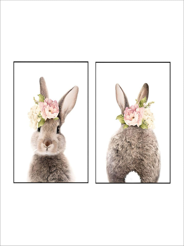 Pink Floral Rabbit Bunny Tail Wall Art Fine Art Canvas Prints Baby Animal Poster For Kid's Room Baby's Room Nordic Nursery Children's Room Art Decoration