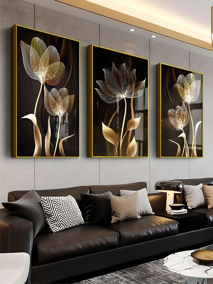 Abstract Exotic Black Golden Floral Wall Art Fine Art Canvas Prints Tropical Botanic Pictures For Luxury Apartment Living Room Dining Room Art Decor