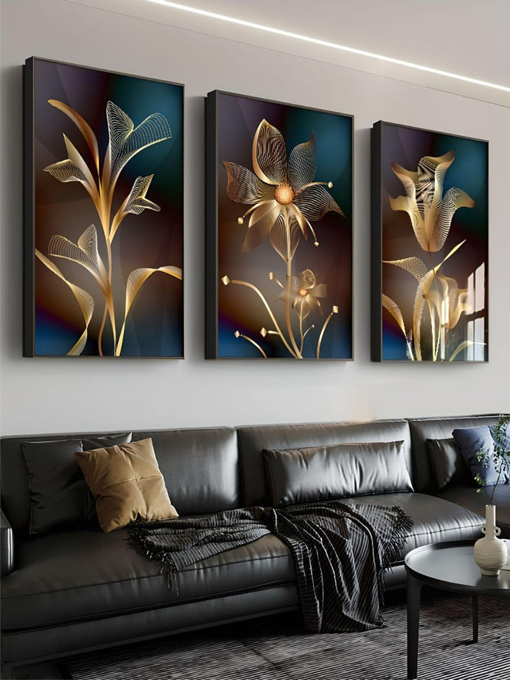 Abstract Exotic Black Golden Floral Wall Art Fine Art Canvas Prints Tropical Botanic Pictures For Luxury Apartment Living Room Dining Room Art Decor