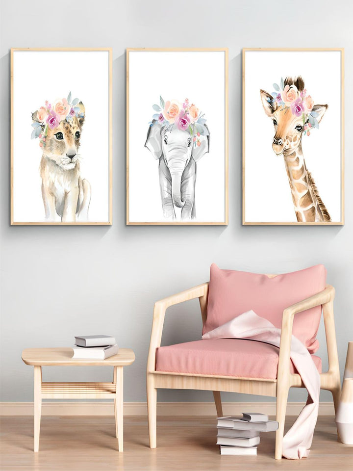 Flower Animals Nursery Wall Art Fine Art Canvas Prints Pictures For Kids Room Baby's Room Zebra Giraffe Elephant Lion Poster For Children's Room Decor