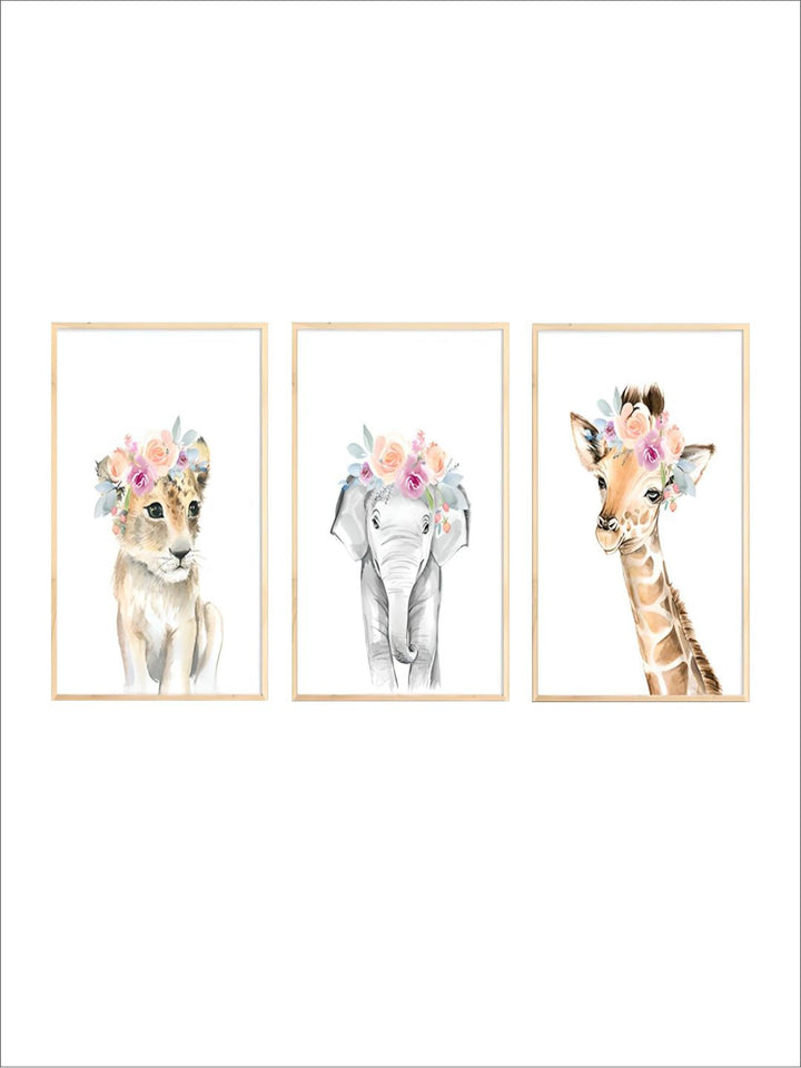 Flower Animals Nursery Wall Art Fine Art Canvas Prints Pictures For Kids Room Baby's Room Zebra Giraffe Elephant Lion Poster For Children's Room Decor