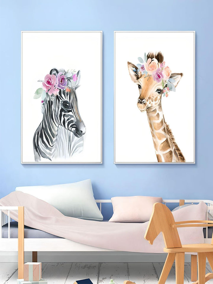 Flower Animals Nursery Wall Art Fine Art Canvas Prints Pictures For Kids Room Baby's Room Zebra Giraffe Elephant Lion Poster For Children's Room Decor