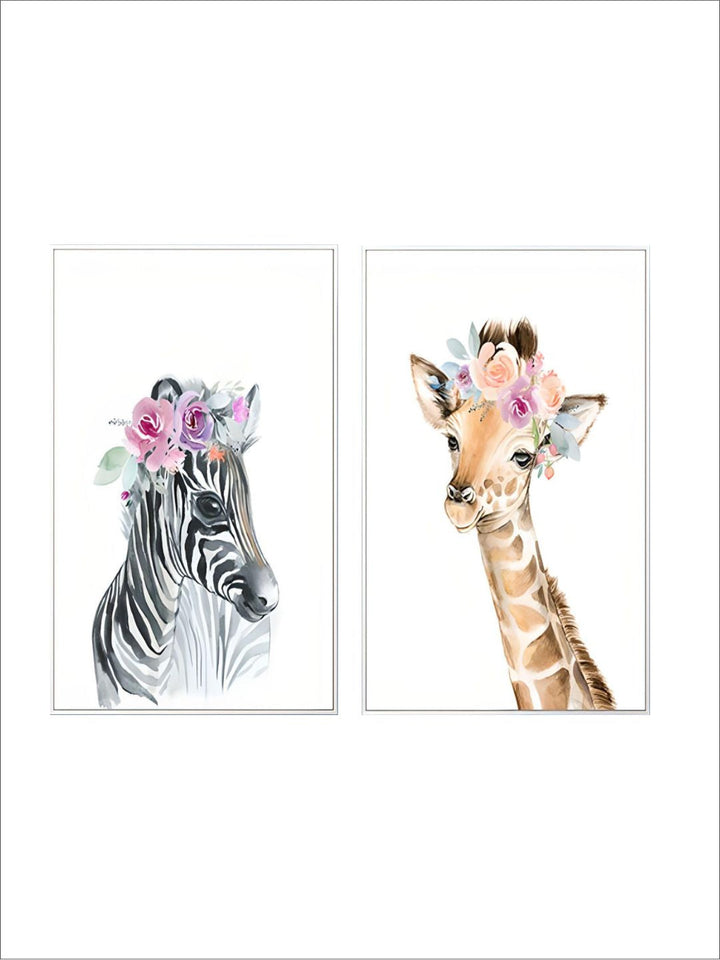 Flower Animals Nursery Wall Art Fine Art Canvas Prints Pictures For Kids Room Baby's Room Zebra Giraffe Elephant Lion Poster For Children's Room Decor
