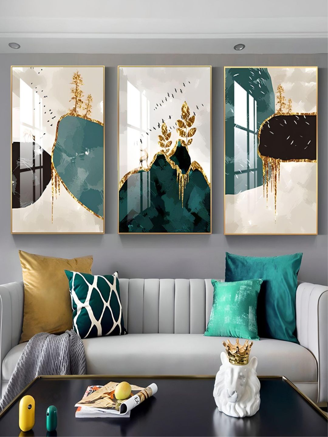 Abstract Nordic Landscape Wall Art Fine Art Canvas Prints Auspicious Golden Deer Pictures For Luxury Living Room Dining Room Modern Home Decor
