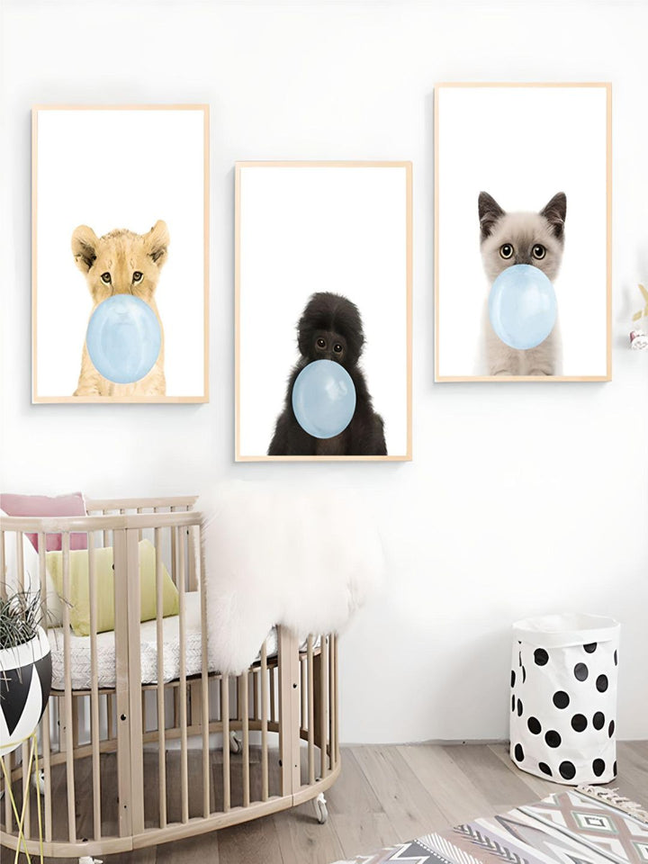 Baby Animals Blowing Blue Bubblegum Cute Nordic Nursery Wall Art Fine Art Canvas Prints Pictures For Kid's Room Baby Boy's Room Cute Wall Art Decoration