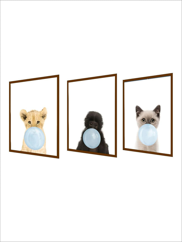 Baby Animals Blowing Blue Bubblegum Cute Nordic Nursery Wall Art Fine Art Canvas Prints Pictures For Kid's Room Baby Boy's Room Cute Wall Art Decoration