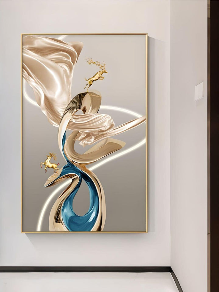 Abstract Flowing Ribbon Golden Deer Wall Art Fine Art Canvas Prints Auspicious Nordic Pictures For Luxury Living Room Home Entrance Hallway Art Decor