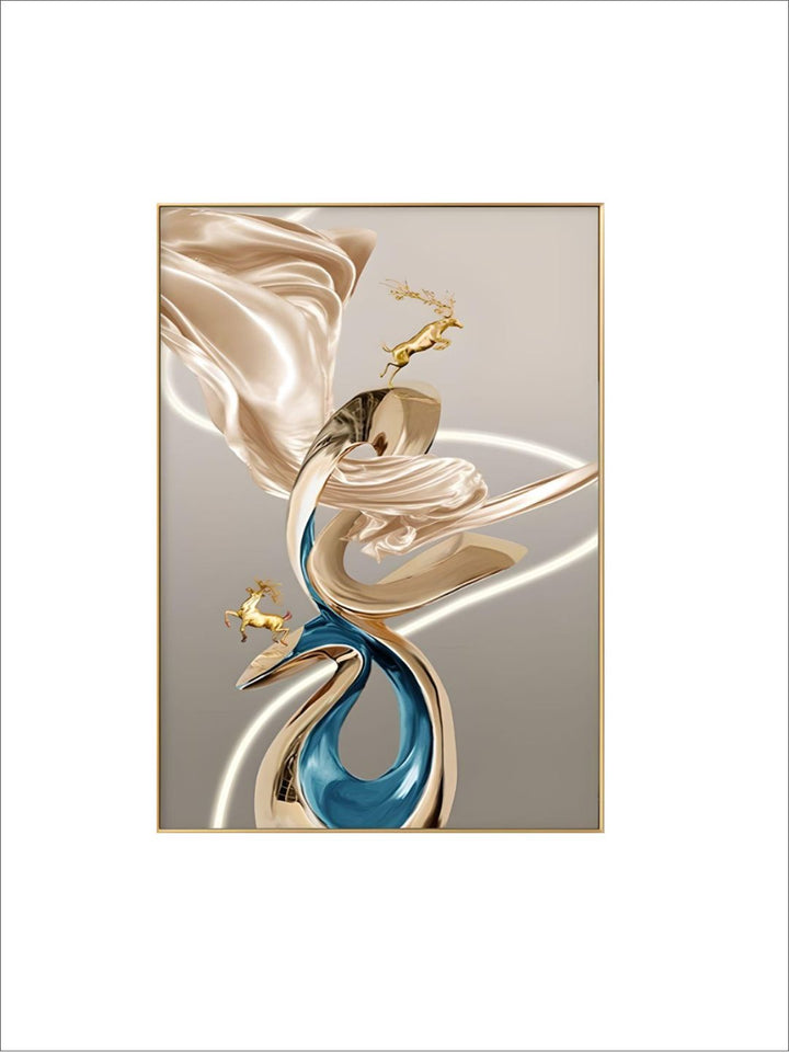 Abstract Flowing Ribbon Golden Deer Wall Art Fine Art Canvas Prints Auspicious Nordic Pictures For Luxury Living Room Home Entrance Hallway Art Decor