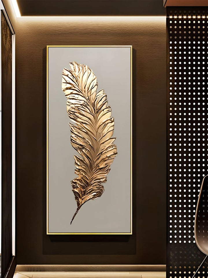 Abstract Golden Feather Wall Art Fine Art Canvas Print Modern Minimalist Picture For Luxury Loft Apartment Living Room Home Office Wall Art Decor