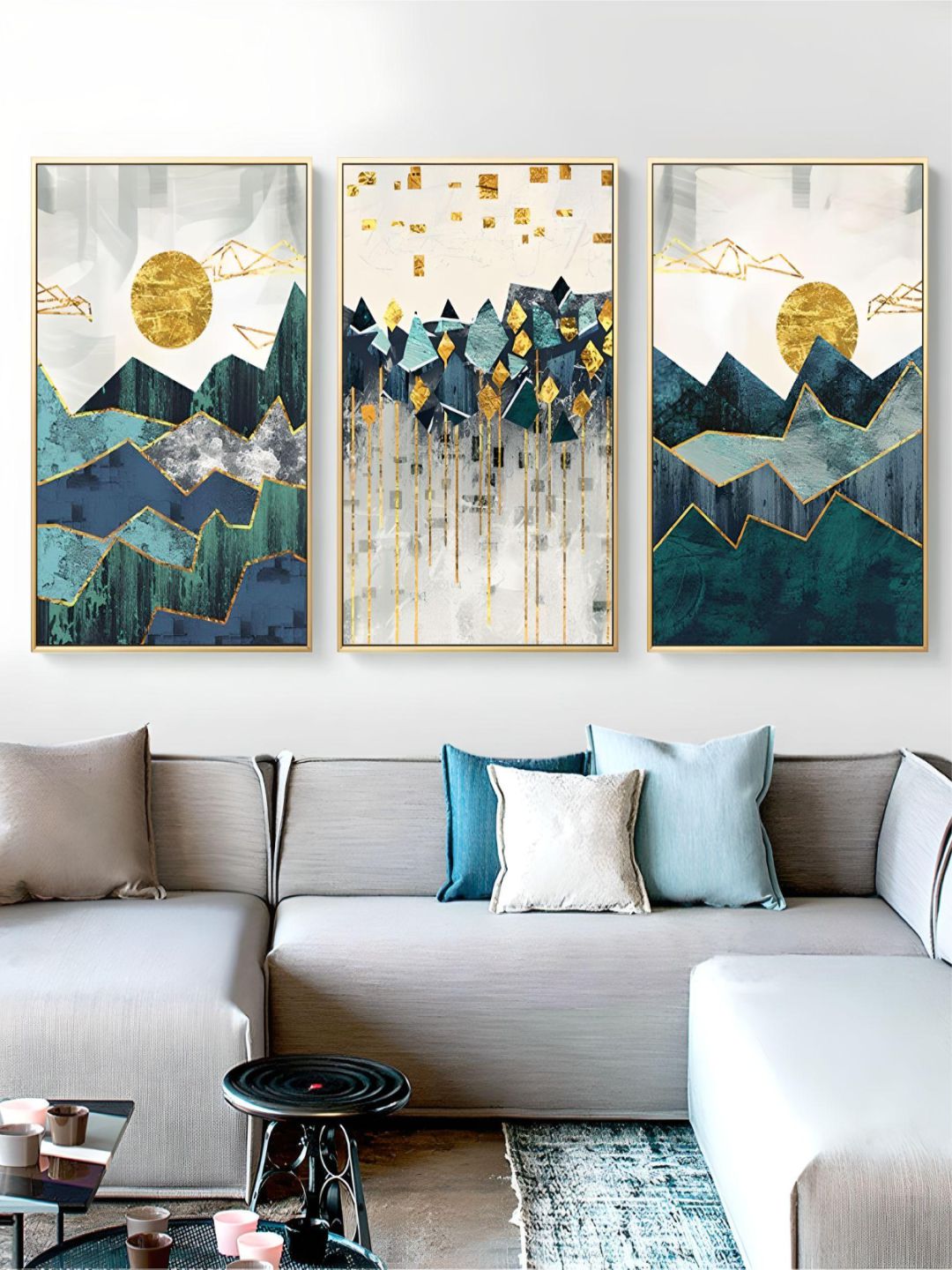 Abstract Mountain Landscape Blue Jade Green Golden Contemporary Wall Art Posters Fine Art Canvas Prints Nordic Pictures For Modern Home Decor