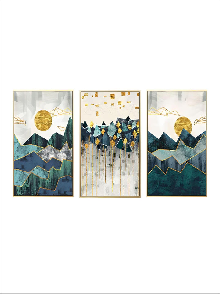 Abstract Mountain Landscape Blue Jade Green Golden Contemporary Wall Art Posters Fine Art Canvas Prints Nordic Pictures For Modern Home Decor