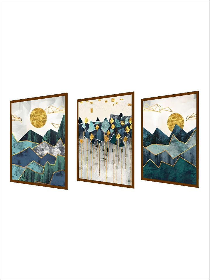 Abstract Mountain Landscape Blue Jade Green Golden Contemporary Wall Art Posters Fine Art Canvas Prints Nordic Pictures For Modern Home Decor