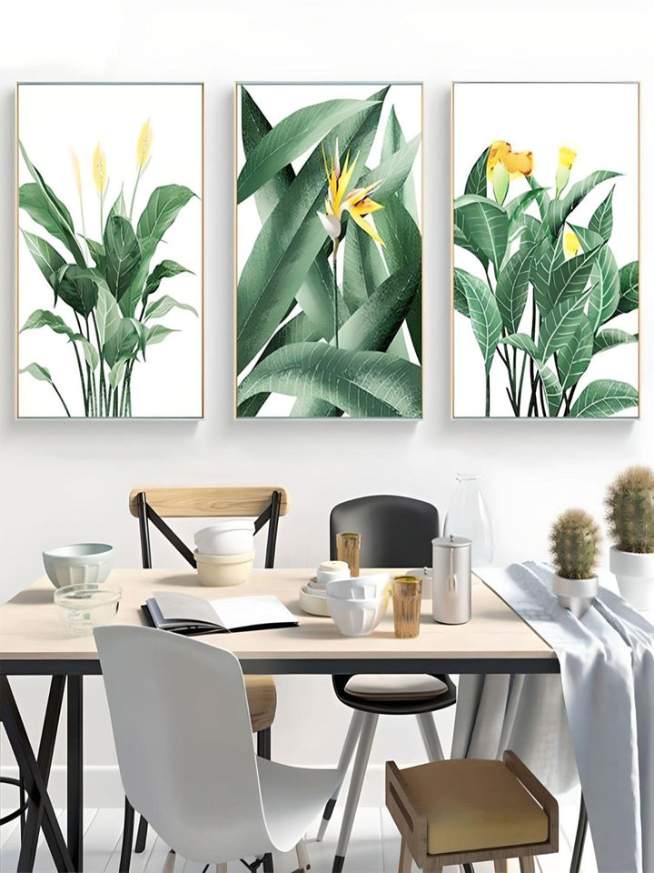 Tropical Botany Paintings Green Leaves Yellows Flowers Nordic Style Fine Art Canvas Prints Green Leaves Wall Art For Modern Home Interior Decor