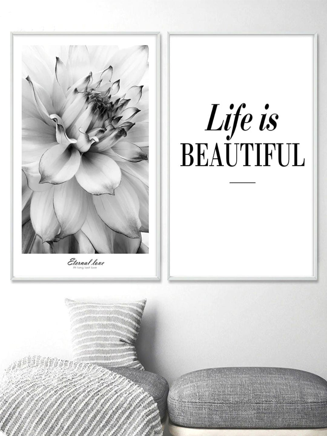 Life Is Beautiful Modern Black & White Floral Wall Art Fine Art Canvas Prints Minimalist Quotation Nordic Style Pictures For Modern Home Decor