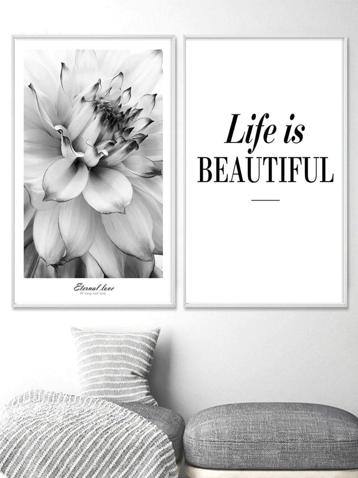 Life Is Beautiful Modern Black & White Floral Wall Art Fine Art Canvas Prints Minimalist Quotation Nordic Style Pictures For Modern Home Decor